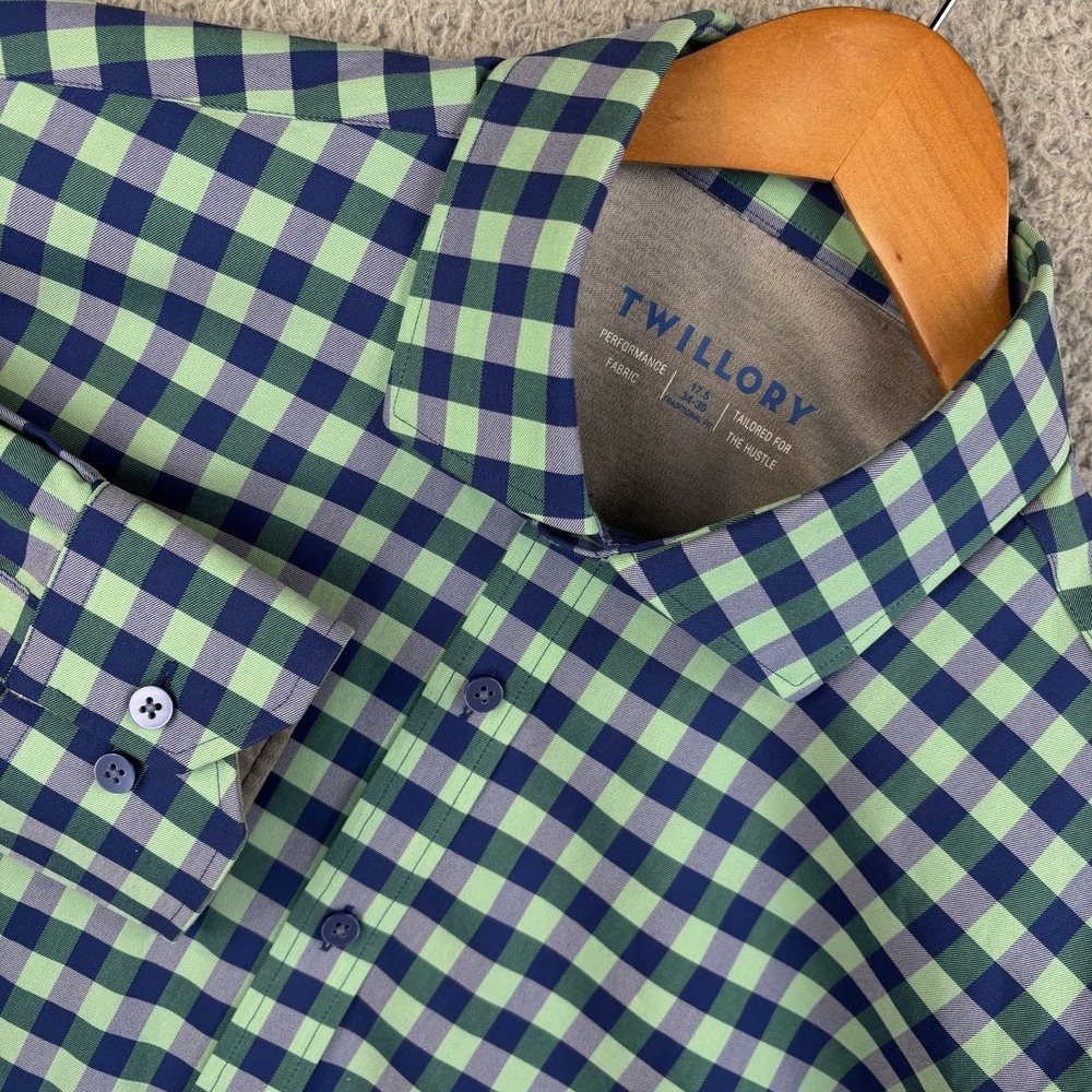 TWILLORY Performance Button Shirt Mens 17.5 34-35 Green Blue Check Stretch